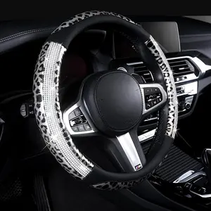 AUTOYOUTH Leopard & Cheetah Print Steering Wheel Cover - Bling Crystal Rhinestones on Leather Non-Slip Breathable Design for Women/Girls Universal Fit 14.5-15 Inch(Black & Silver), Car Interior Accessories