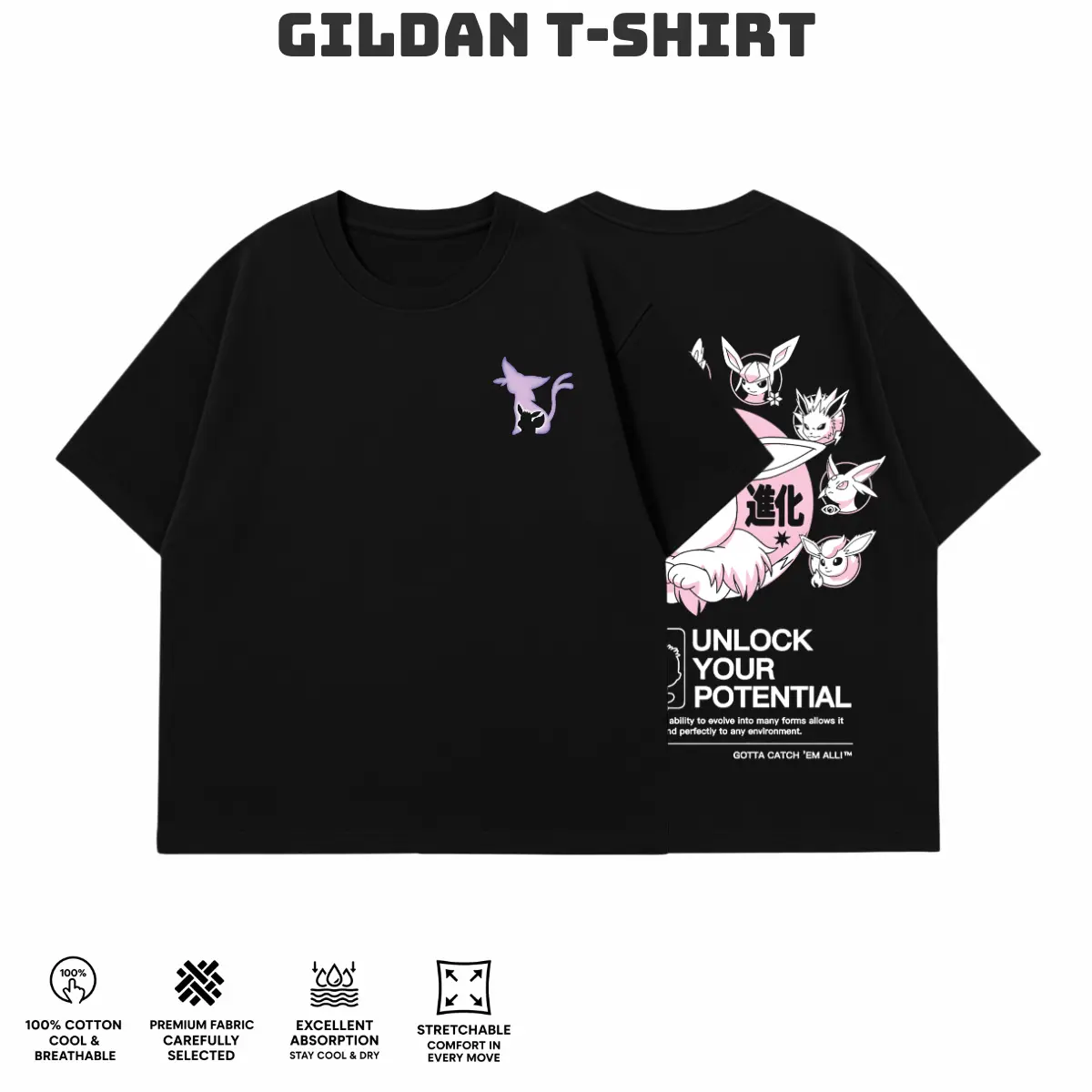 Unisex Vintage Gildan T-Shirt Poket.mon Eeveeee Unlock Your Potential T-Shirt – Oversized Streetwear Cotton Tee with Anime Inspired Shadow Monster Print – Retro Harajuku Style Loose Fit Short Sleeve Top for Men and Women