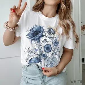 Comfort Colors Sunflower Shirt Vintage Flowers Tshirt Summer Graphic Tee Blue Florals Wildflowers Watercolor T Shirt Botanical Shirt Gift