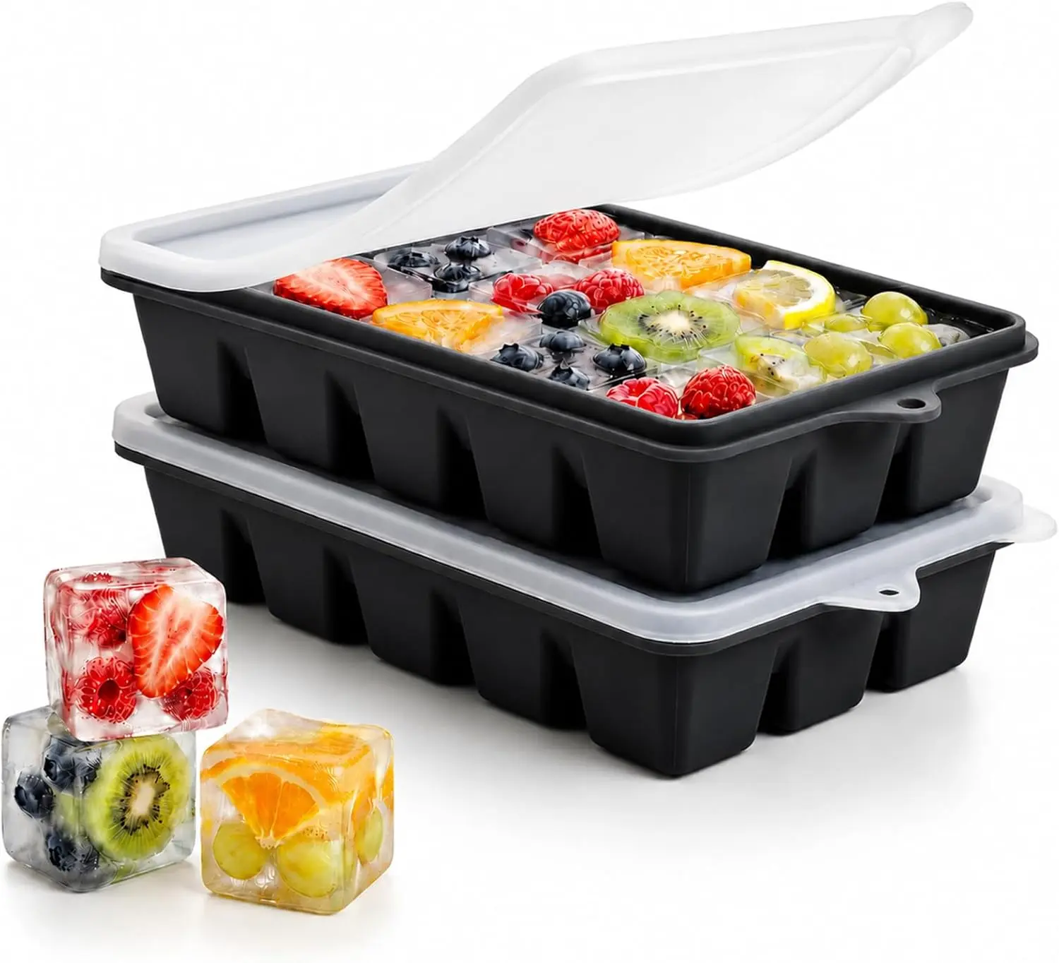 2-Pack BPA-Free Silicone Ice Cube Trays with Lids, Stackable Easy-Release Square Molds for Freezer Use, Ideal for Baby Food, Whiskey Cocktails