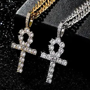 3mm Egyptian Ankh Religious Cross Pendant Necklace for Men and Women, Men Fashion Hip Hop Cuban/Rope Chain Necklace, 18-26inch Gothic Jesus Cross Necklace
