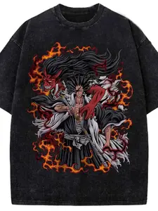 The BLEACH T-shirt, Long, Casual, Fitted, features Ichigo Kurosaki and his 'virtual' form Graphic pattern; the image behind combines his body and virtual form with flame elements to enhance combat strength, Streetwear