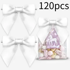 120 Pieces Twist Tie Bows for Treat Bags 3" White Satin Ribbon Bows for Package Craft Gift Wrapping Decoration