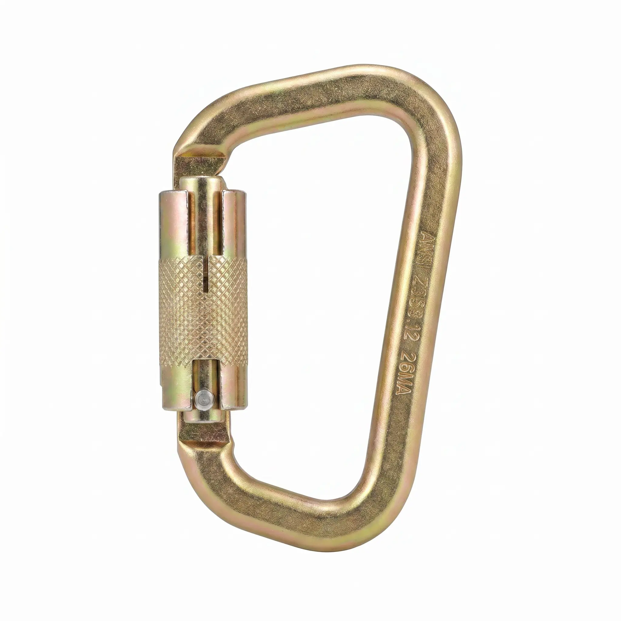 45KN D-type carabiner, steel twist-lock self-locking carabiner, suitable for rock climbing, rappelling, rescue, and other activities—ANSI certified.