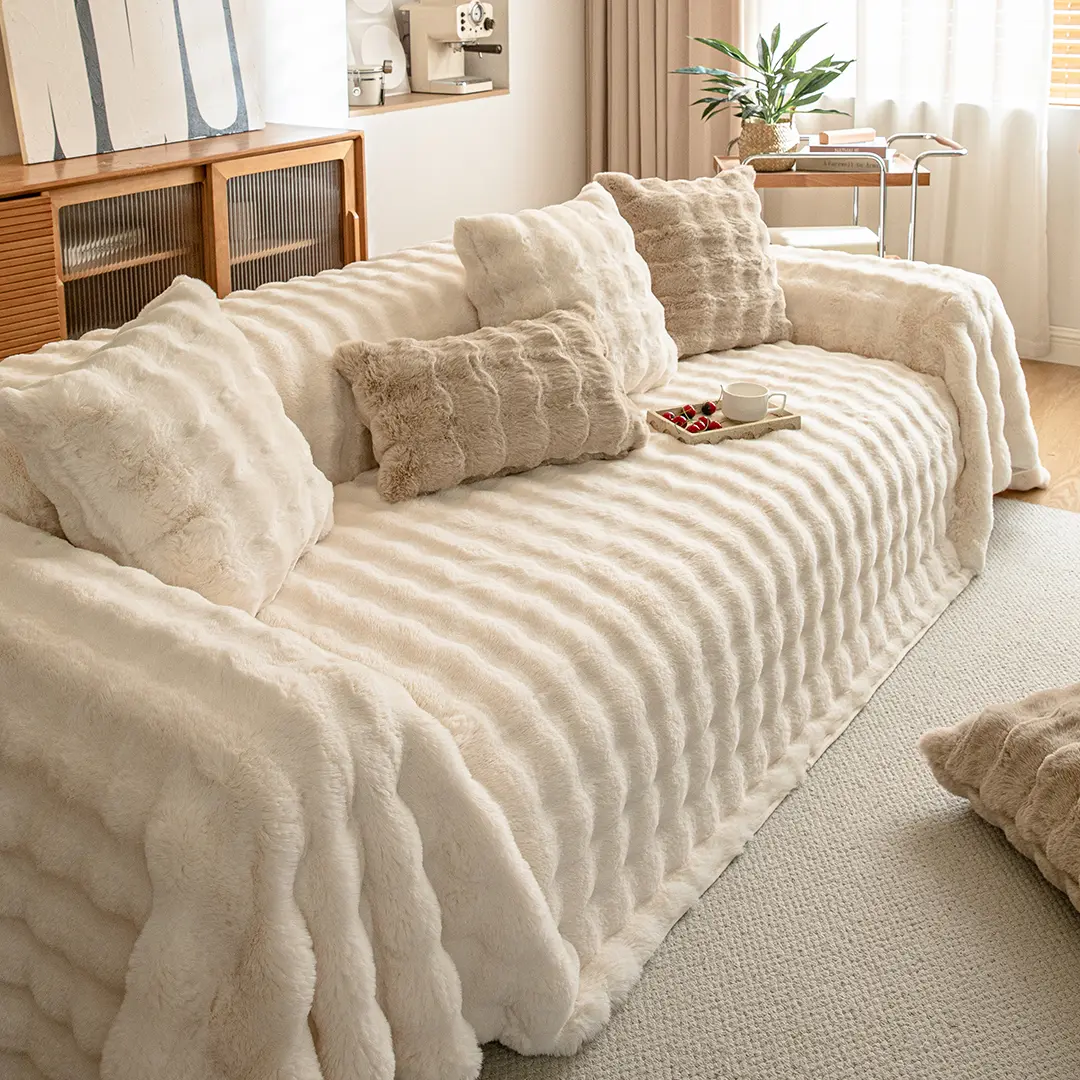 Ultra-Soft Faux Rabbit Fur Sofa Throw Blanket, Warm Winter & Fall Decorative Washable Fur Cover, Pet-Friendly Non-Slip Design, Cover For Sofa, Sofa Couch Slipcover