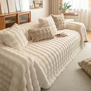 Ultra-Soft Faux Rabbit Fur Sofa Throw Blanket, Warm Winter & Fall Decorative Washable Fur Cover, Pet-Friendly Non-Slip Design
