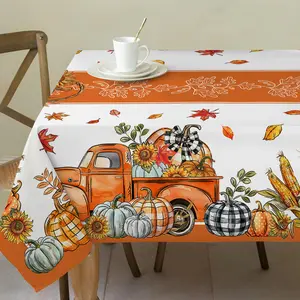 Fall Tablecloth 52x70 Inches, Plaid Pumpkins Truck Decorations for Home, Water Resistant Orange Thanksgiving Table Cloth Rectangle for Party, Dinner