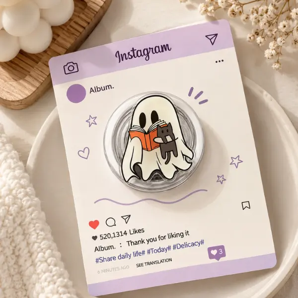 Cute Ghost Reading Book Phone Grip, Black Cat Spooky Bookish MagSafe PopSocket, Halloween Ghost Phone Socket, Book Lover Gift Idea