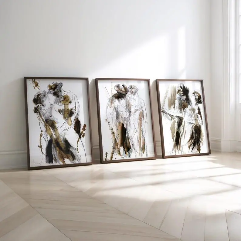 Romantic Couple Set Of 3 Drawing Prints, Neutral Beige Living Room Wall Art, Man and Woman Dancing Sketch, Above Bed or Couch Gallery Wall