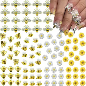 100PCS Nail Charms and Gems Gold Bee Yellow Flower for Nails Design，3D Daisy Y2k Nail Jewels Bulk Nail Art Decor Set