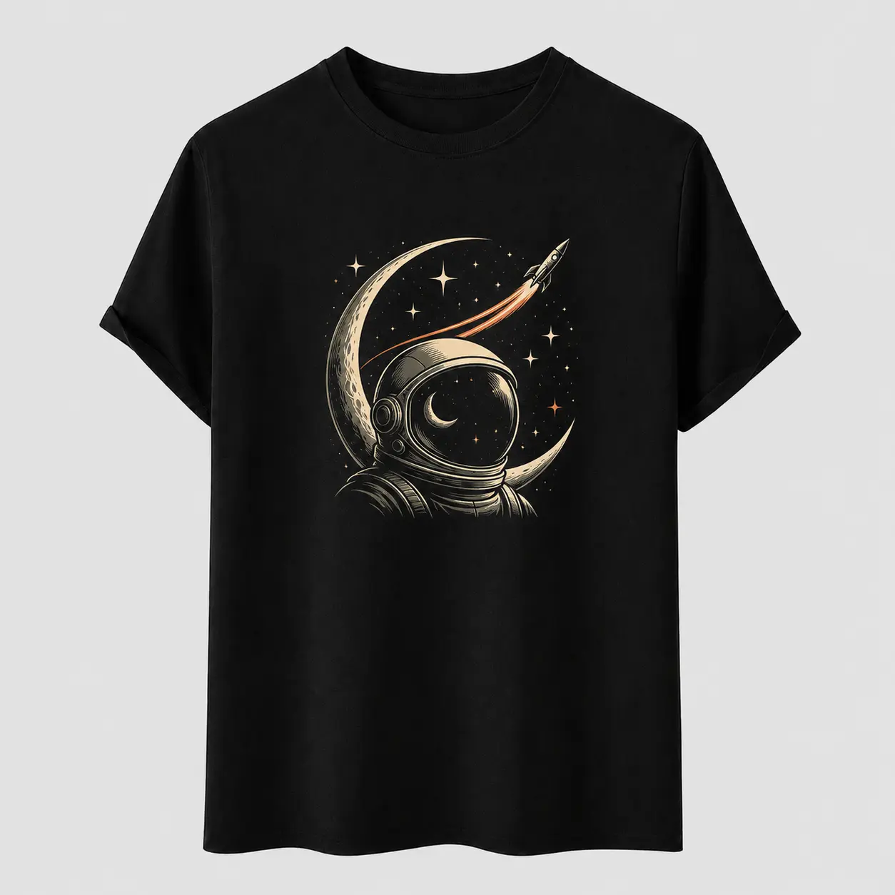 Astronaut Space Graphic T-Shirt, Retro Moon Rocket Tee, 100% Cotton Unisex Short Sleeve Crew Neck Shirt, Celestial Sci-Fi Gift