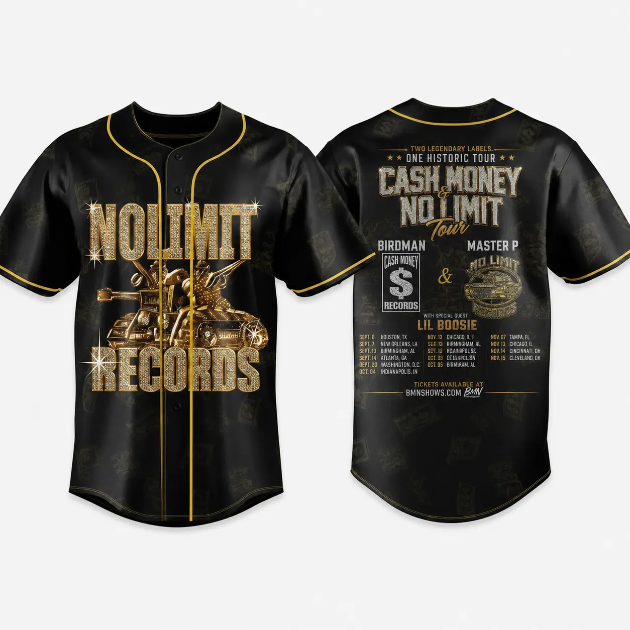 Cash Money No Limit Tour Baseball Jersey, Black Gold Hip Hop Graphic Shirt, Unisex Button-Up Concert Streetwear Outfit