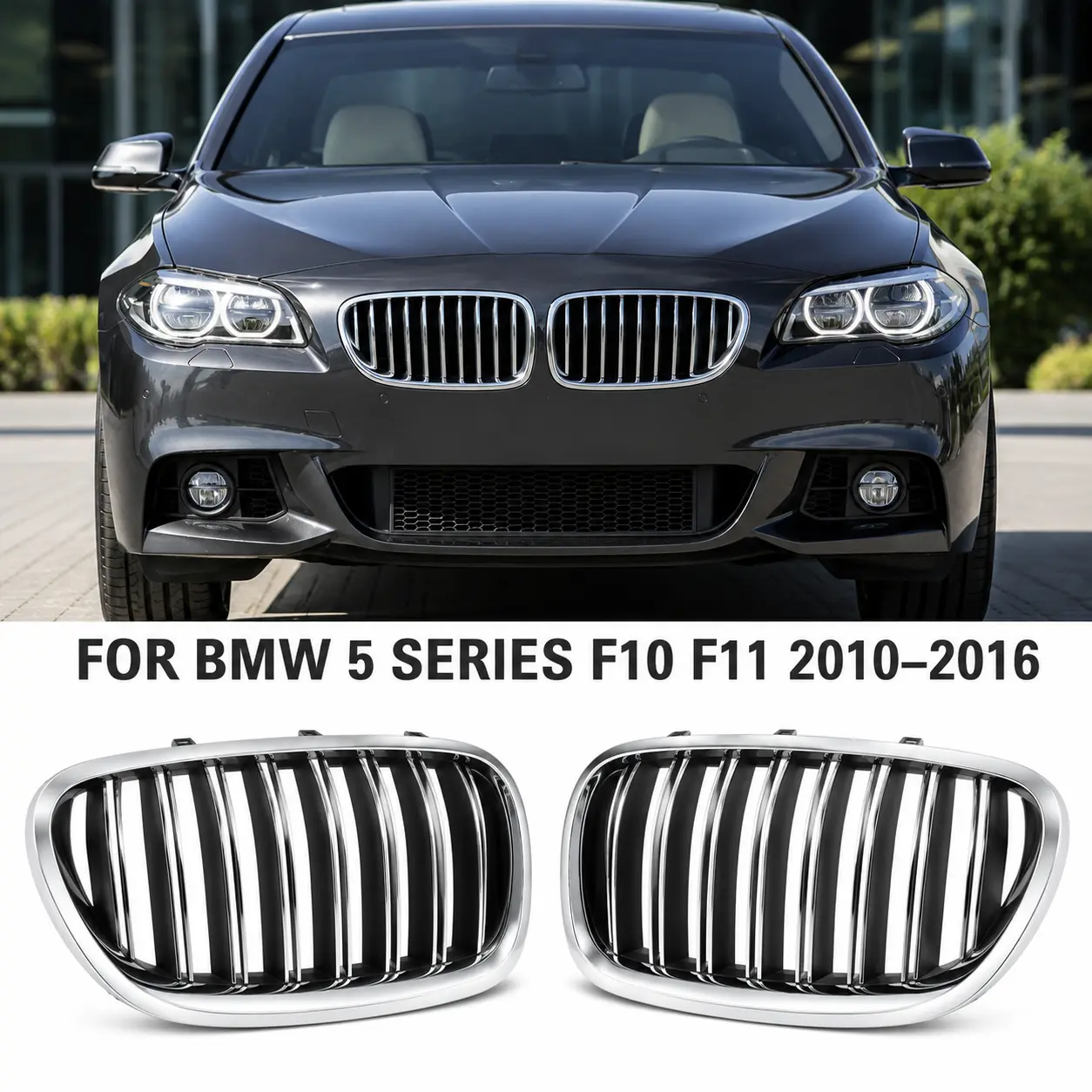 for BMW 5 Series F10 F11 LCI 528i 535i 535d 550i 2014-2016 1PC Chrome Black Front Kidney Grille, Left or Right Hood Grill, Select Side, Sold Individually