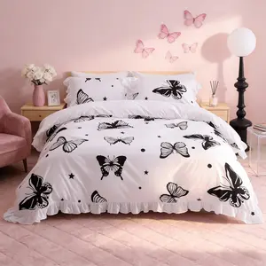 Elegant Butterfly Ruffle Bedding Set, Breathable Duvet Set Polyester Fiber Bed Linen, Soft Bedding Sets, Zipper Closure, All-Season Comfort.