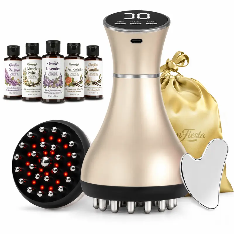 Thermal Handheld Heat-Vibration Massage Device Kit - 5x50ml Essential Oils (Lavender, Vanilla, Sore Muscle, Syringa, Cellulite-Smoothing), Gua Sha Tool, Batteries, Firming Lymphatic Drainage Daily Self-Care Gadget for Adulting Women (Neck, Back) Gifts