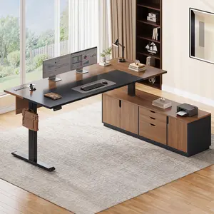 SEDETA 71 Inch Height Adjustable Executive Desk with 3 Drawers and Cabinet Executive L Shaped Electric Standing Desk with Side Hook Sit Stand Up Home Office Desk with Power Outlets
