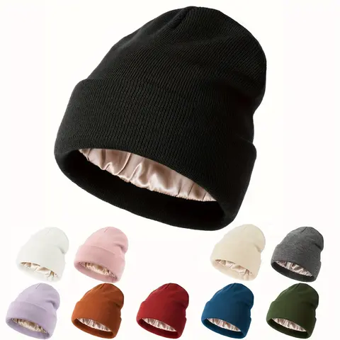Cozy Solid Color Satin Lining Bonnet Hats, Hat for Men & Women, Beanie Hats Suitable for Fall Winter Outdoor Sports, Skiing, Coolfashionguy 70s satin  lined