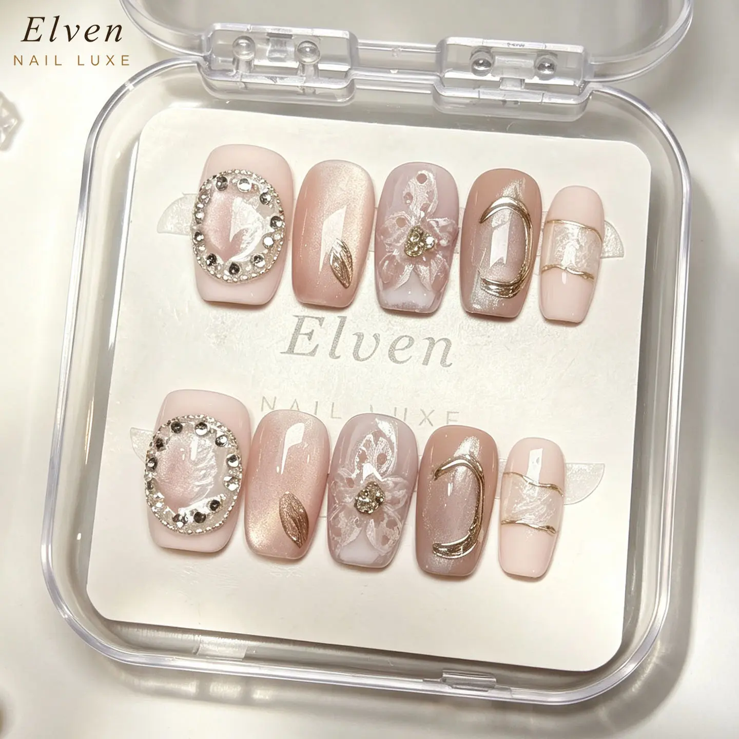 Handmade Nude Pink Cat Eye Marble Press On Nails With 3D Crystal, Floral & Gold Accents, Short Square Reusable Fake Nails For Luxury Bridal Elegant Wear