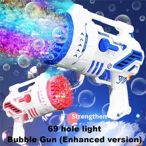 Bubble Machine Guns, Bubble Guns with Light, Bubble Solution, 69 Holes Bubbles Machine for Kids Adults, Summer Toy Gift for Outdoor Indoor Birthday Wedding Party - Blue and Pink Bubble Makers