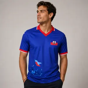 Haiti-Inspired Blue Sports Jersey, Unisex Caribbean Graphic Shirt, Red Trim Casual Top