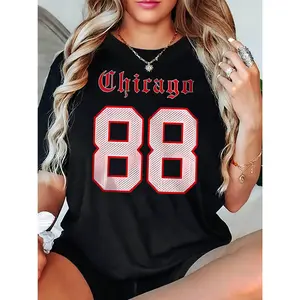 Women's Chicago 88 Graphic Print Casual T-Shirt - Black with Red & White Lettering, Round Neck Short Sleeve, Breathable Stretch Fabric, Machine Washable All-Season Comfort Top, Everyday Outfit, Sporty Style, Stretchy Material, Print Shirt, Women