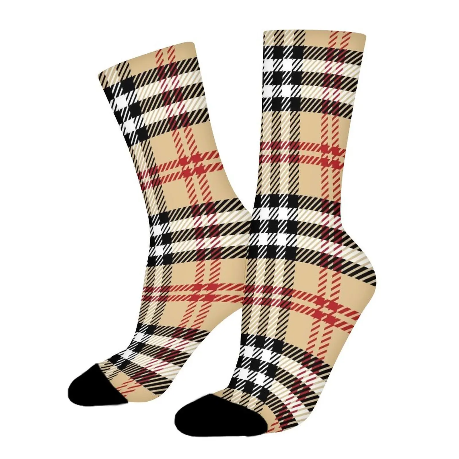 Classic Beige Plaid Checkered Crew Socks Black Toe Heel Luxury Inspired Pattern Trendy Fashion Comfortable Elastic Breathable Polyester Daily Casual Socks Unisex 1 Pair