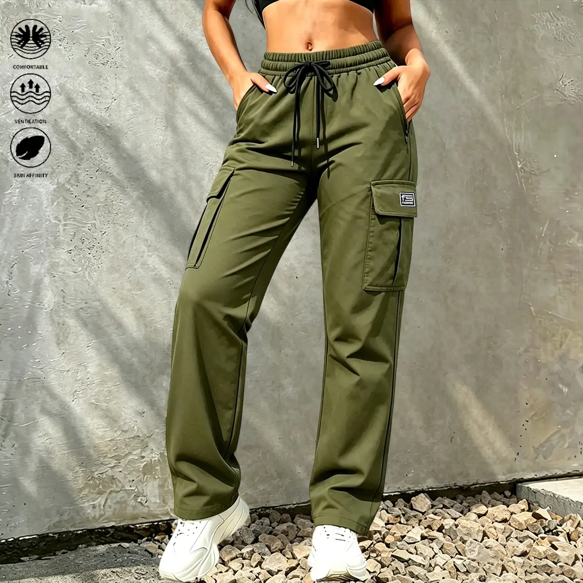 Women’s solid-color cargo pants featuring an elastic waistband with stretch and practical pockets with large capacity for convenient storage.Versatile women’s wear suitable for all seasons—ideal for everyday casual wear, outdoor outings, and workwear/unif