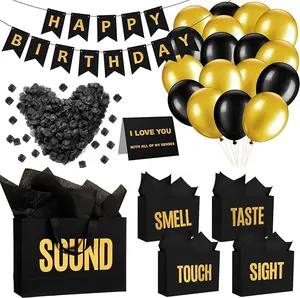 5 Senses Gift Bags for Her and Him with Labels, Comes with Rose Petals Banner Balloons for Birthday Party (Black Gold), Five Senses Gift Birthday Party Decoration Tissue Paper Handles Hanging Set
