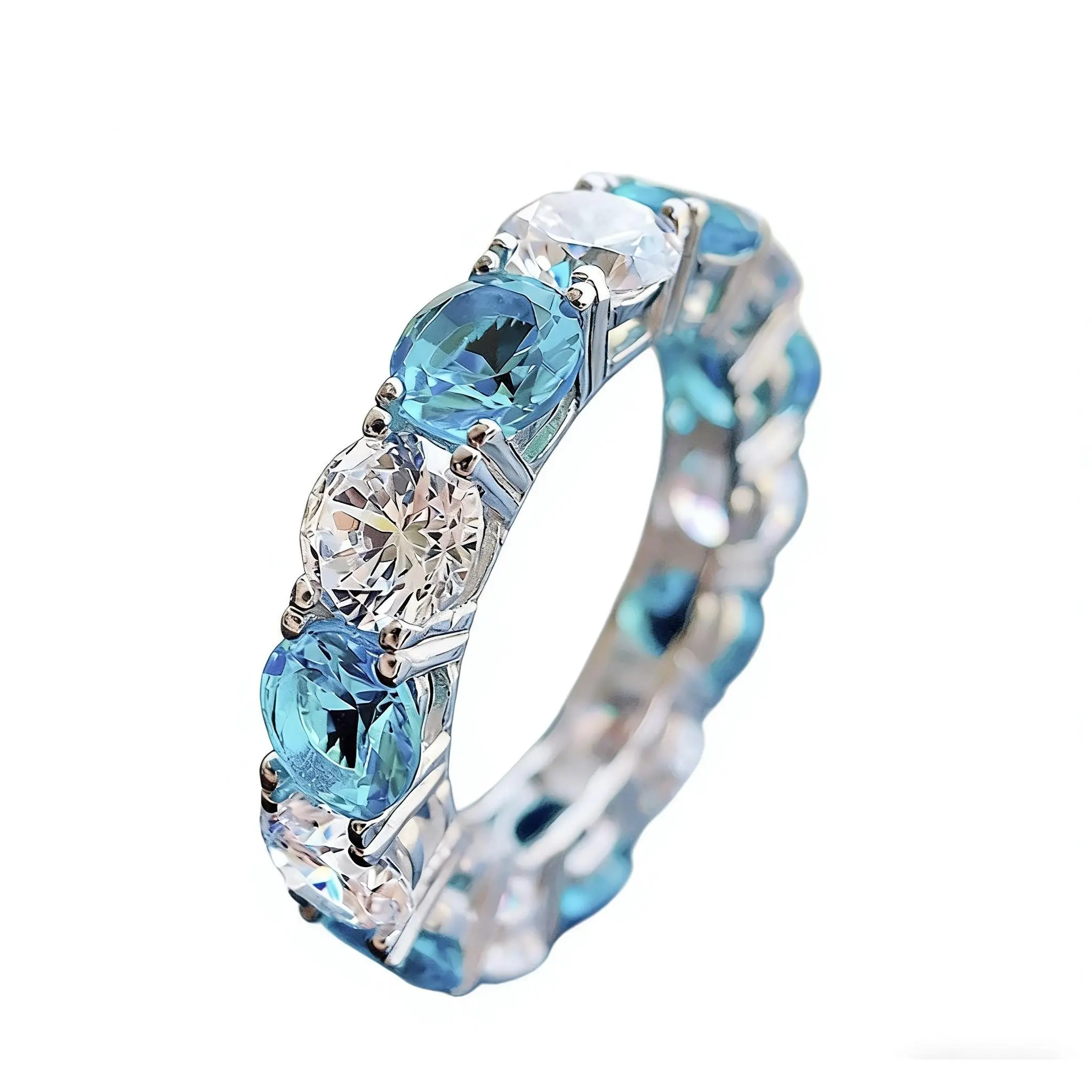 Women's 925 Silver Jewelry Ring, European-American Style, 5x5 Round Micro Pave Diamond with Sea Blue Sapphire