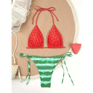Women's Watermelon Print Bikini Set - Sexy Halter Neck with Tie-Side High-Cut Botms, Stretchy Polyester Blend, Non-Transparent Knit Fabric, Perfect for Summer Beachwear, Summer Bikini Set | Tieside Boots | Glossy Finish Swimsuit, High Waisted Bikini Set