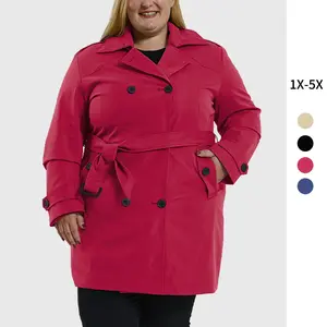 Women's Plus Size Double-Breasted Trench Coat Waterproof Classic Lapel Overcoat Stylish Pea Coat with Belt