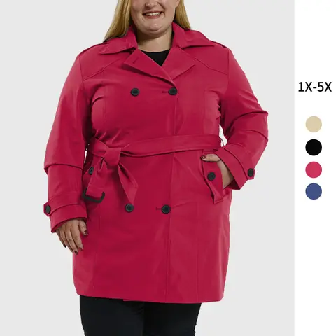 Wantdo 2026 NEW Women's Plus Size Double-Breasted Trench Coat - Thick Polyester Shell Fabric, Waterproof, Classic Lapel, Belted, Long Sleeve, Adjustable Cuffs, Button Closure, Casual Elegant Ladies' Rain Jacket