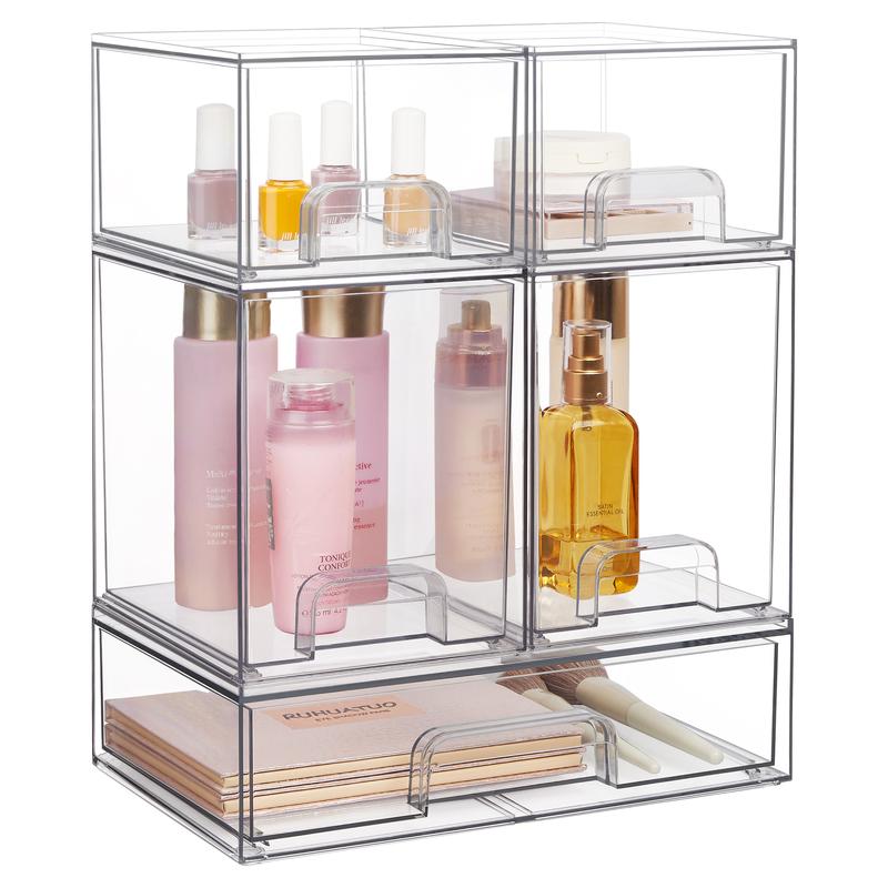 Vtopmart Stackable Storage Drawers Set of 5/8 Clear Plastic Organizer Bins for Nursery Bottle Station and Beauty Supplies Vanity Bathroom Cabinet Pantry Organization Multi-Size Flexible Design BPA-Free Safe New Year Gift