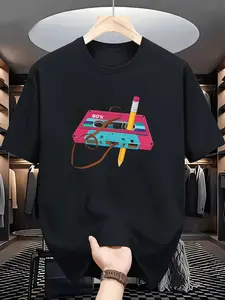 Crewneck T Shirt Black 80S Cassingle Topte Tape And Pencil Print Casual Wear for Men And Women Streetwear Fashion Summer Outfit PLUS SIZE