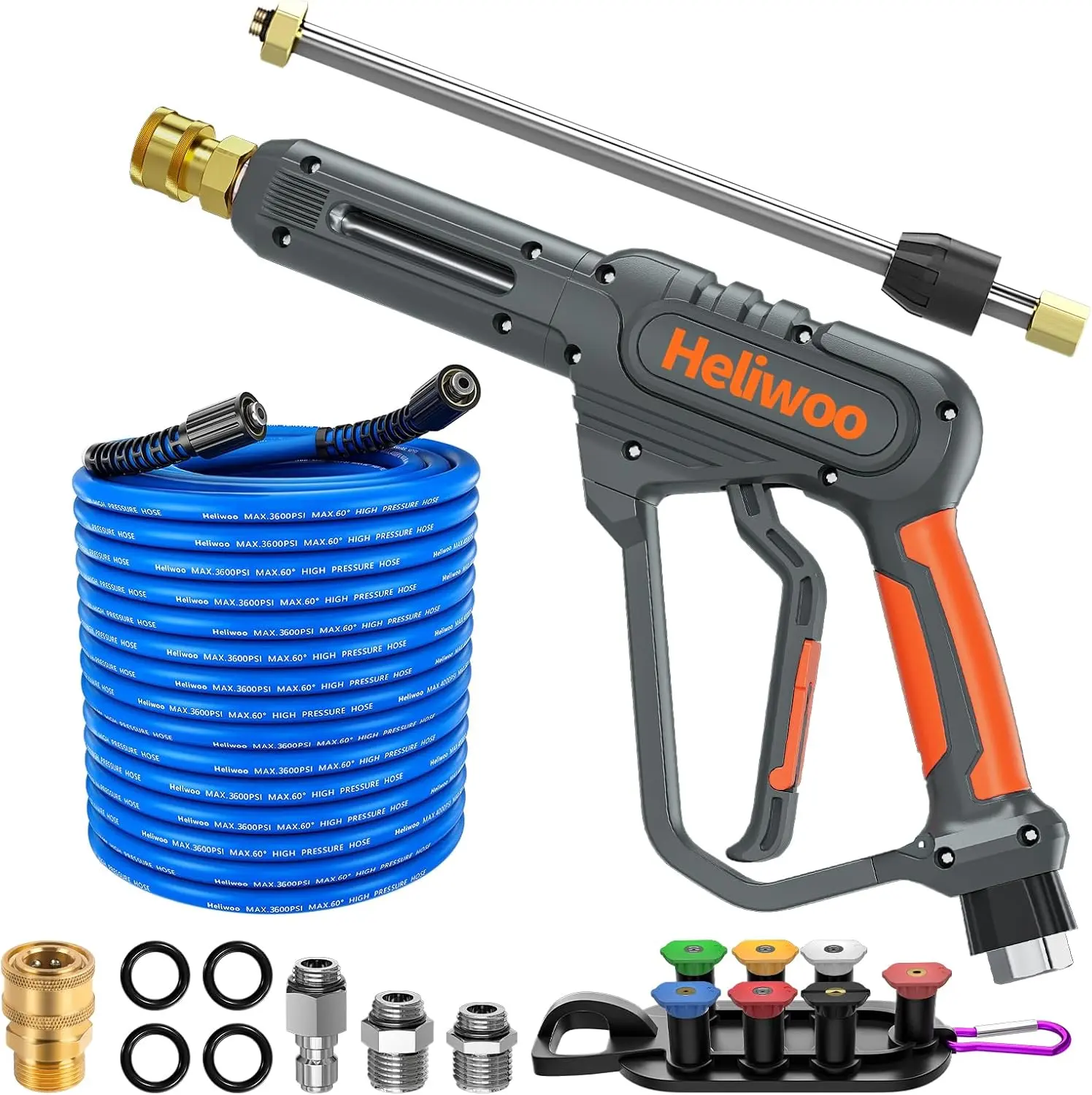 Heliwoo High Pressure Washer Jet Gun - 3600 PSI Heavy Duty Cleaning Tool, 50 FT Hose, 3/8" Swivel Quick Connector, 30" Extension Wand, 7 Nozzle Tips, Multiple Attachments for Handheld Use