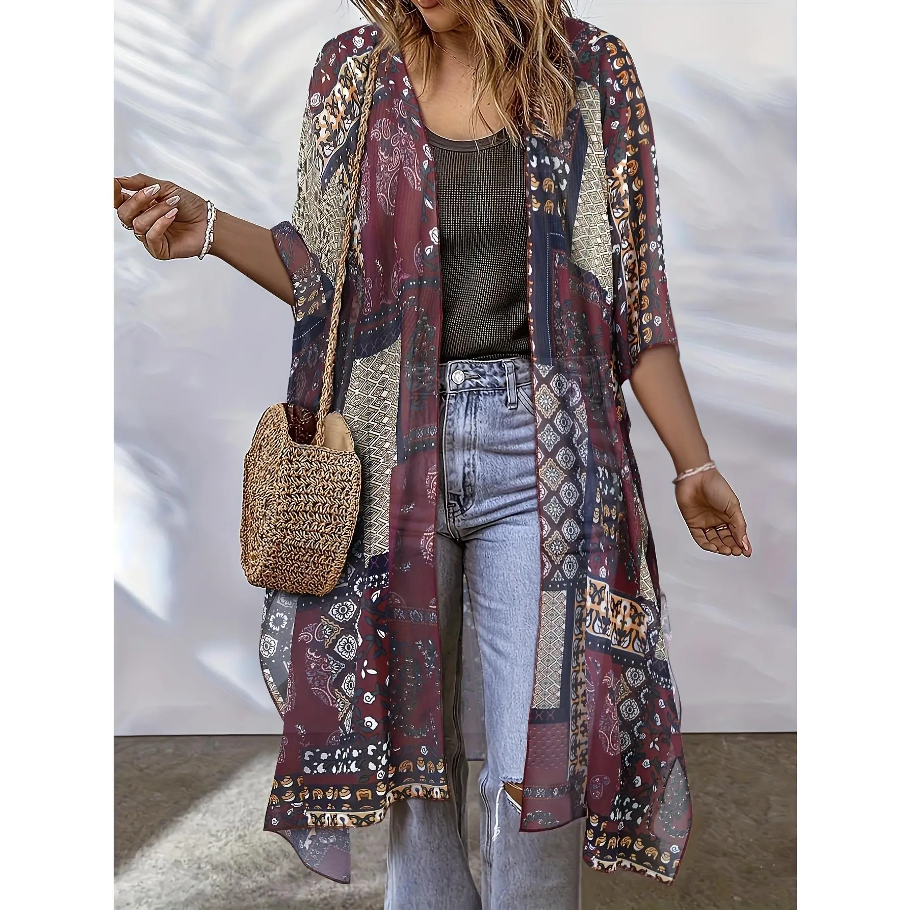 Vacation Casual Plus Size Floral Print Kimono - Open Front Cover Up - Women's Clothing