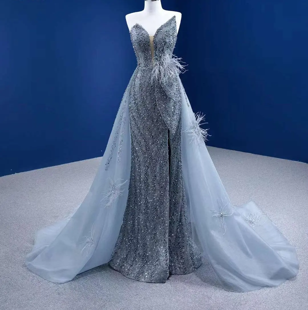 Steel Grey Luxury Evening Gown- Hand beaded