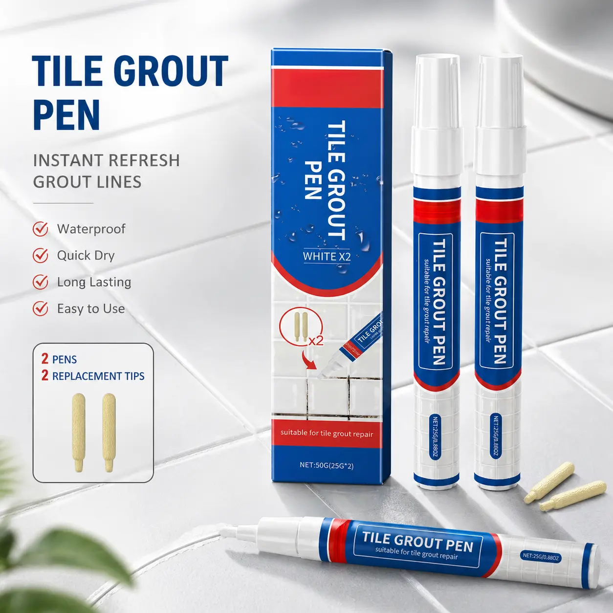 Waterproof Tile Grout Pen - 50g Acrylic Polymer Marker with Amorphous Silicon & Aluminum Hydroxide, Tile & Grout Repair Tool, 3-Year Long Lasting, Mildew-Proof for Homeowners' Home Care Restoration, Tile Repair