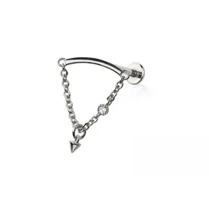 Threadless Push-In Curved Bar with Dangling Chain and Spike Hidden Helix Flat Back Stud - 316L Stainless Steel