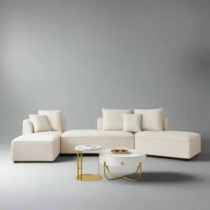 The EROS Sectional by Sofas Exclusive - Curved Modular L-Shaped Sofa with Sherpa Fabric, High-Density Foam, 3 Back Pillows & 2 Throw Pillows for Living Room, Home Office, Beige or Orange