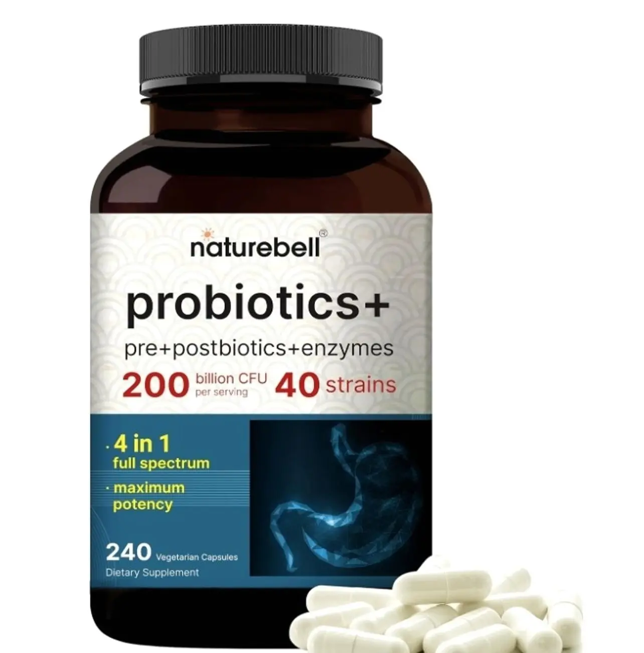 Probiotic 200 Billion CFU – 40 Strains Per Serving | 240 Veggie Capsules with Prebiotics and Probiotics – Full Spectrum Complex with Enzymes – Daily Probiotics for Women & Men