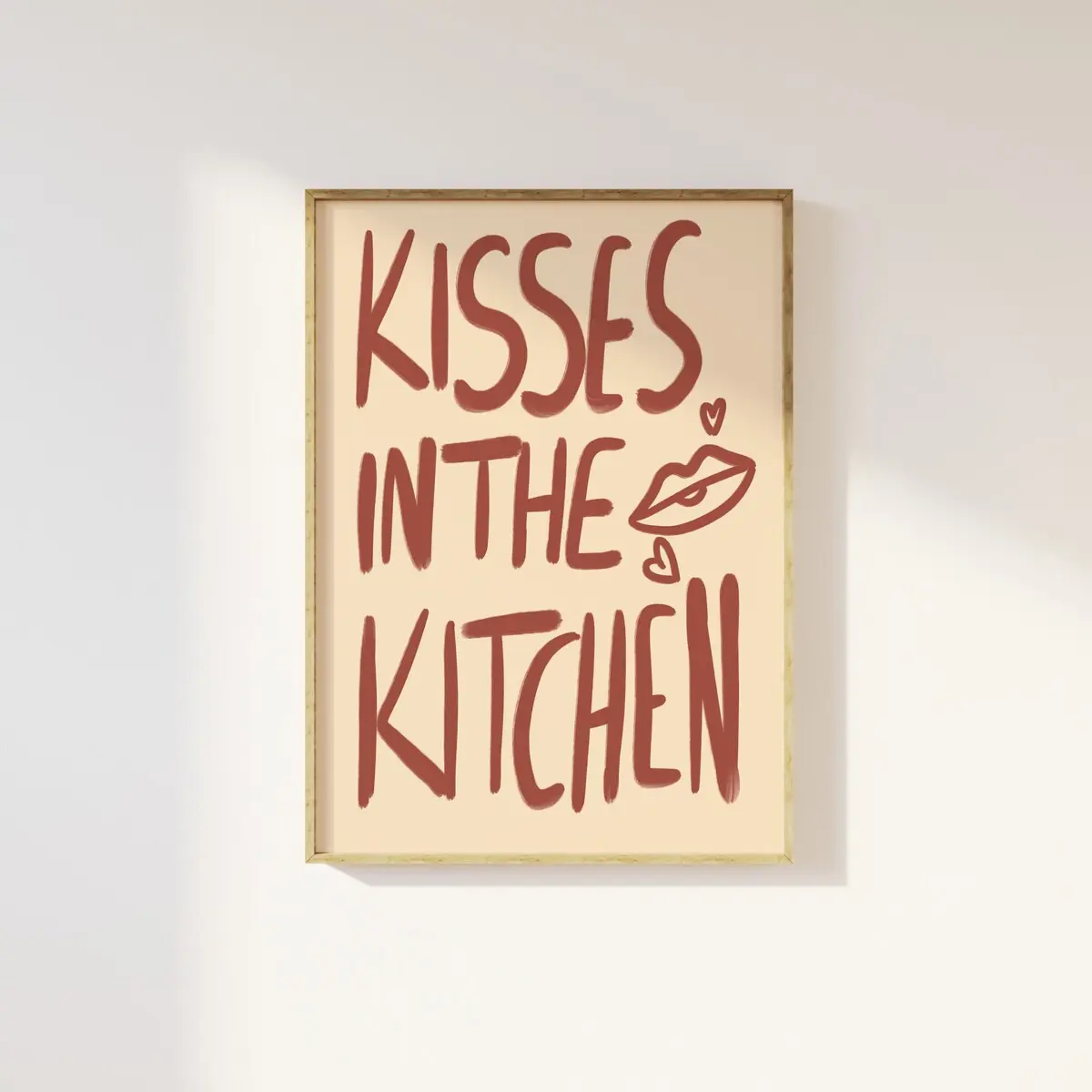 Kisses In The Kitchen Beige And Red Kitchen Print, Kisses For The Chef, Retro Modern Trendy Cute Typography, Cafe Diner Food Art, Unframed