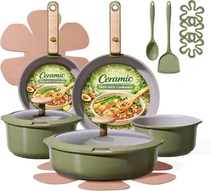 CAROTE 18 Pcs Ceramic Cookware Set Detachable Handle, Non Toxic Pots and Pans Set Non Stick, Induction Kitchen Cookware Removable Handles, Oven Safe, Stackable RV/Camping Cooking Set, Green