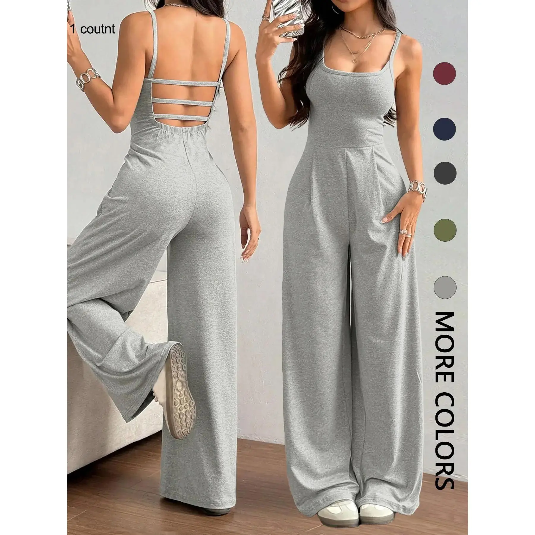 Women's Solid Backless Plicated Cami Jumpsuit, Casual Sleeveless Square Neck Wide Leg Jumpsuit for Summer, Women's Jumpsuit for Daily Wear