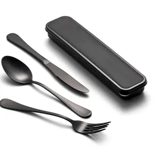 4-Piece Travel Set with Box, Portable Silverware Cutlery Set for Work, Reusable Stainless Steel Utensils, Camping Picnic Hiking Office, Outdoor Fun Utensils ( Silver Color)