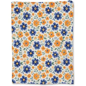 Watercolor Floral Blanket Gift, Blue and Orange Floral Pattern Flannel Blanket, Suitable for Sofa, Bed, Travel and Decoration, Comfortable, Lightweight and Warm Country Style Blanket, Suitable for Women and Girls, Size 60*50inch