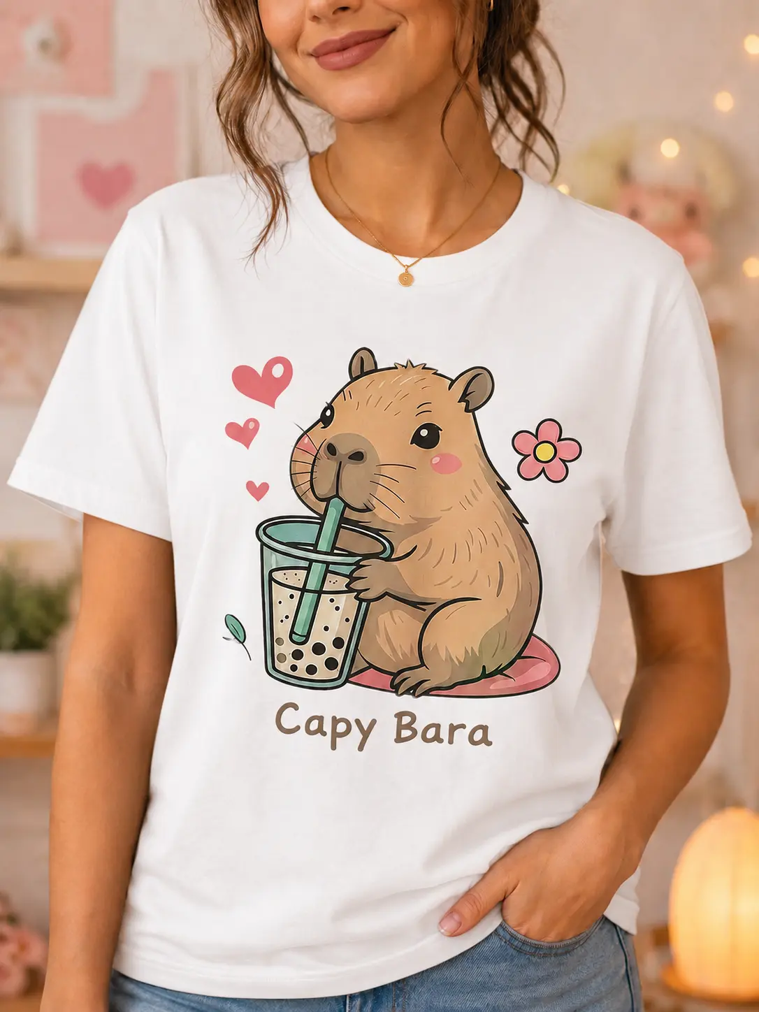 [Cute Kawaii Tees] Capybara Drinking Bubble Tea Graphic Tshirt, Casual Crew Neck Tee, Women's 100% Cotton Short Sleeve, White, Gift for Capybara & Boba Tea Lovers