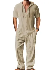 Men's Linen Hooded Short Sleeve Shirt & Pants Matching Set, Breathable Beach Vacation Style, Casual Outdoor Fashion, Summer