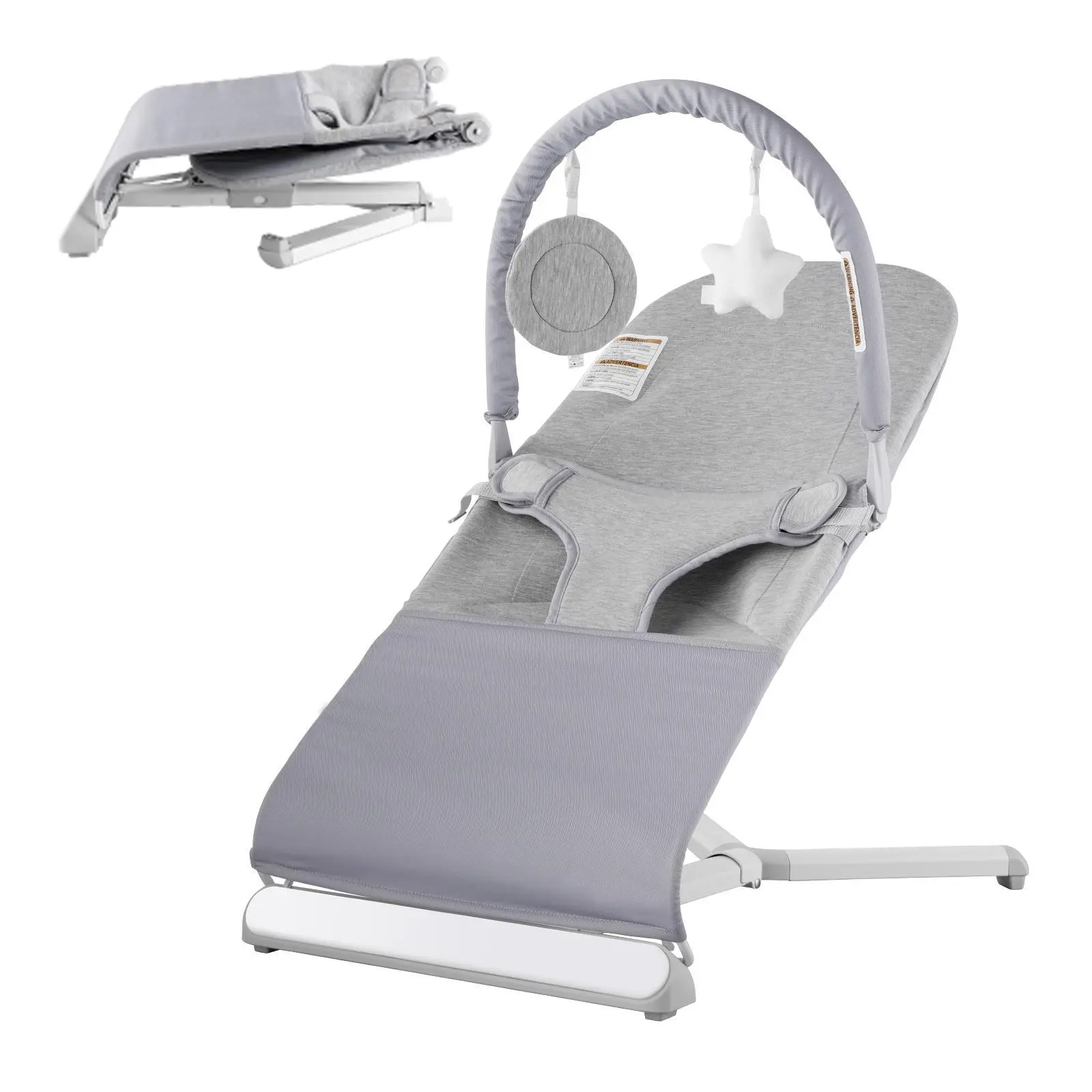 【FathersDayGift】VEVOR Baby Bouncer, Folding Bouncer Seat for Babies 0-9 Months, Newborn Bouncer Chair with 2 Reclining Angles & Rotatable Toy Bar, Portable Infant Rocker with Travel Bag for Indoor Outdoor, Light Gray