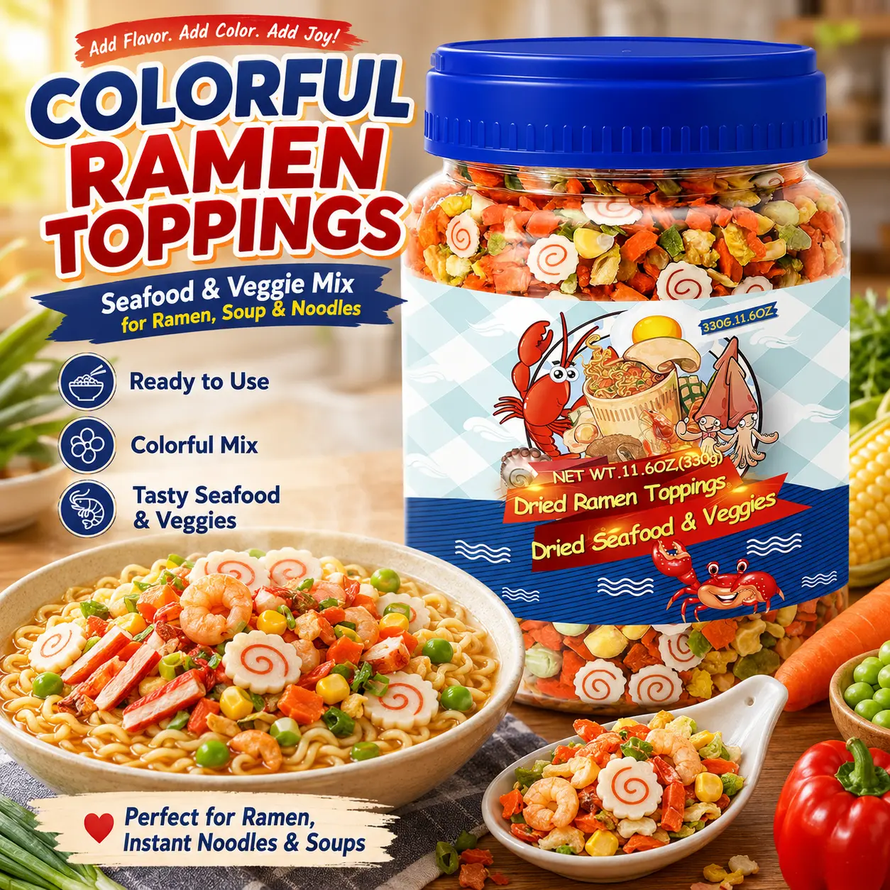 11.6oz Dried Ramen Toppings – 11 Mixed Dehydrated Seafood & Vegetables with Shrimp, Crab & Fishcake, Freeze-Dried Veggies for Soups, Salads, Pizza & Camping Meals